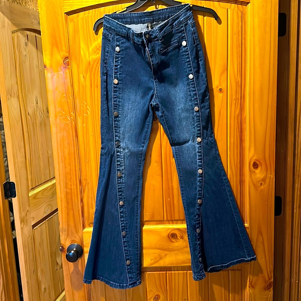 Crazy Train studded blue jeans. Flare style. Great stretch.